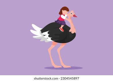 Character flat drawing pretty little girl riding cute ostrich. Bravery child sitting on back ostrich with holding its neck. Adorable kids learning to ride ostrich. Cartoon design vector illustration