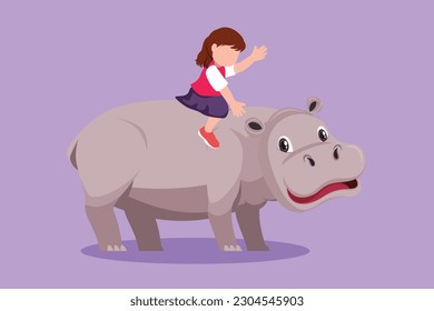 Character flat drawing pretty little girl riding hippo at amusement park. Happy child sitting on back hippopotamus in zoo. Brave kids learning to ride hippopotamus. Cartoon design vector illustration