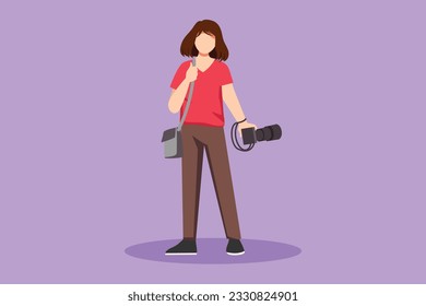 Character flat drawing pretty woman hipster photographer with holding camera in photo studio. Beautiful female photographer using professional camera in the studio. Cartoon design vector illustration