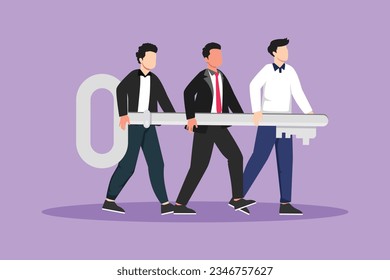 Character flat drawing of problem solving team of business man with a key solution concept. Businessmen carry big golden key. Build creative people world collection. Cartoon design vector illustration