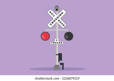 Caracterizar el plano de la barrera ferroviaria con señales y luces de advertencia en una posición abierta que permita a los vehículos cruzar las líneas ferroviarias. Sistema de transporte en tren. Ilustración vectorial de diseño de dibujos animados