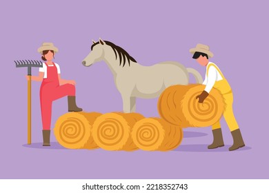 Character flat drawing rancher working in farmyard. Couple farmers feeding horse with hay. Livestock technician working with pitchfork, harvesting food for stallion. Cartoon design vector illustration