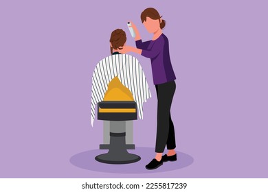 Character flat drawing rear view shot of female hairdresser styling customers hair at salon. Woman barber beautician. Successful business hairstylist beauty concept. Cartoon design vector illustration