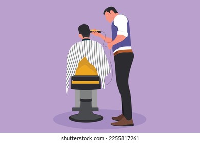 Character flat drawing rear view shot of handsome hairdresser cutting hair young male client. Hairstylist serving client at barber shop. Professional barber concept. Cartoon design vector illustration