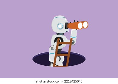 Character flat drawing robot climbs out of hole by ladder and using binocular. Tech business vision or idea. Humanoid robot cybernetic organism. Robotic development. Cartoon design vector illustration