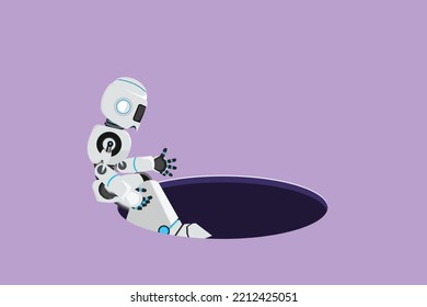 Character Flat Drawing Of Robot Descends Into The Hole. Failure To Take Advantage Of Tech Business Opportunities. Humanoid Robot Cybernetic Organism. Future Robotic. Cartoon Design Vector Illustration