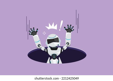 Character flat drawing robot fell into manhole underground sewer. Depressed with tech business failure. Humanoid robot cybernetic organism. Future robot development. Cartoon design vector illustration