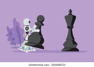 Character flat drawing robot holding pawn chess piece to beat king chess. Strategic movement game planning. Humanoid robot cybernetic organism. Robotic development. Cartoon design vector illustration