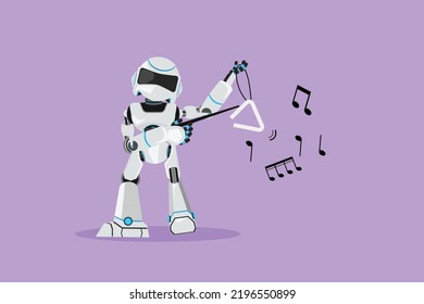 Character flat drawing robot musician playing musical triangle on stage. Classical music orchestra instrument. Humanoid robot cybernetic. Future robotic industry. Cartoon design vector illustration