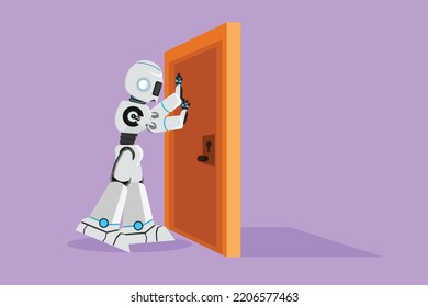 Character flat drawing of robot pushes closed door. Strength tech for success. Opening closed doors. Humanoid robot cybernetic organism. Future robotic development. Cartoon design vector illustration