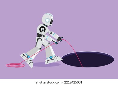 Character Flat Drawing Robot Stretch Out Rope Into Hole. Tech Business Opportunity, Exploration, Challenge. Humanoid Robot Cybernetic Organism. Robotic Development. Cartoon Design Vector Illustration