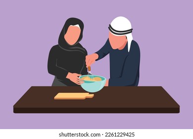 Character flat drawing romantic Arab couple knead cake dough using manual hand mixer. Enjoy kneading cake dough together at home. Happy man and woman cooking bread. Cartoon design vector illustration