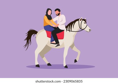 Character flat drawing romantic Arab couple in love riding horse and looking face to face. Happy cute couple getting ready for wedding. Engagement and love relation. Cartoon design vector illustration