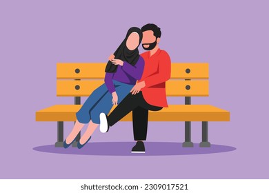 Character flat drawing romantic Arabian couple on bench in park. Happy man hugging and embracing woman at outdoor park. Couple dating celebrate wedding anniversary. Cartoon design vector illustration