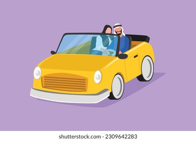Dibujo plano de carácter romántico pareja árabe montada en auto en viaje por carretera. Hombre manejando un coche de cabriolas mientras una mujer abrazando a su novio. Vacaciones de verano. Ilustración vectorial de diseño de dibujos animados