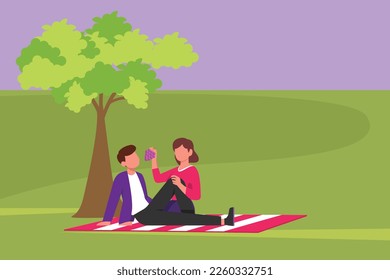 Character flat drawing romantic couple having picnic in summer park. Relaxing together sitting on ground. Happy young woman feeding grapes fruit to man at outdoor. Cartoon design vector illustration