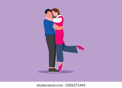 Character flat drawing romantic couple in love kissing and hugging. Happy man carrying pretty woman celebrating wedding anniversary. Cute couple hugging each other. Cartoon design vector illustration