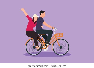 Dibujo plano de carácter de pareja romántica se divierten montando en bicicleta. Feliz hombre y mujer en bicicleta con las manos juntas. La unión de los jóvenes marido y mujer. Ilustración vectorial de diseño de dibujos animados