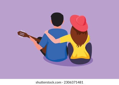 Character flat drawing romantic couple playing guitar on summer season. Woman hugging her boyfriend, sitting at park with guitar. Romantic couple dating on outdoor. Cartoon design vector illustration