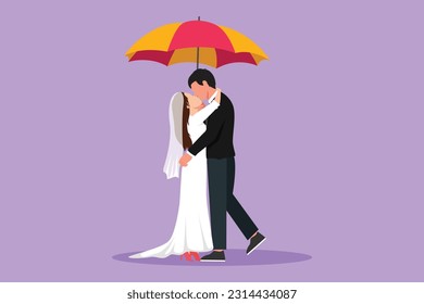 Character flat drawing romantic couple in love under rain with umbrella. Man and beautiful woman hugging and kissing with wedding dress. Married couple relationship. Cartoon design vector illustration