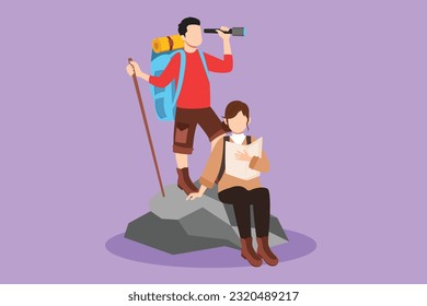 Character flat drawing romantic couple man and woman hikers with backpacks, binocular, and hiking gear reading route map. Looking for direction, trekking location. Cartoon design vector illustration