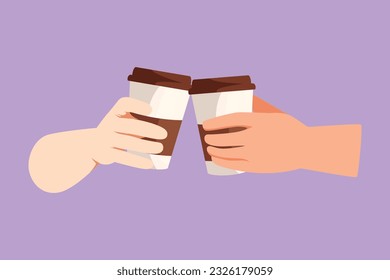 Character flat drawing romantic couple toasting with paper cup drink coffee. Habit of drinking coffee in morning at home before doing activities. Zero waste concept. Cartoon design vector illustration