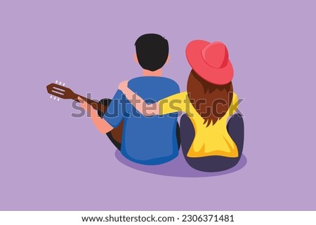 Character flat drawing romantic couple playing guitar on summer season. Woman hugging her boyfriend, sitting at park with guitar. Romantic couple dating on outdoor. Cartoon design vector illustration