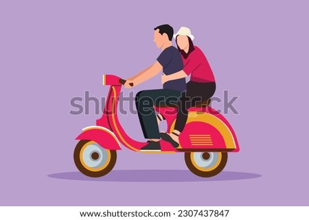 Character flat drawing of romantic couple riding motorcycle. Man driving scooter and woman passenger while hugging. Driving around city in the evening. Drive safely. Cartoon design vector illustration