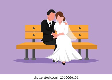 Character flat drawing romantic married couple. Man with suit and beauty woman with wedding dress sitting on bench in city park. Intimacy celebrates wedding party. Cartoon design vector illustration