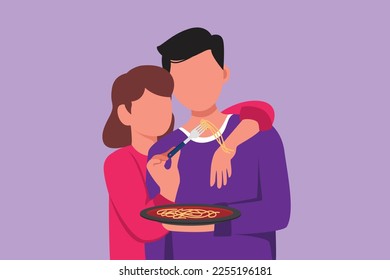 Character flat drawing romantic woman feeding husband with Italian pasta or spaghetti bolognese. Celebrate wedding anniversaries and enjoy romantic moment at home. Cartoon design vector illustration