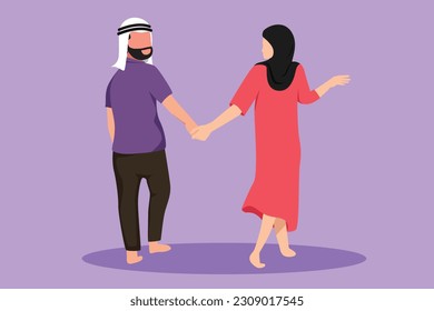 Character flat drawing romantic young couple in love hand in hand. Arab couple in love spending time together at park. Happy family spend time together at outdoor. Cartoon design vector illustration