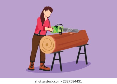 Character flat drawing sawmill concept with chainsaw on chair. Professional woman lumberjack cutting tree by chainsaw for further processing. Global deforestation. Cartoon design vector illustration