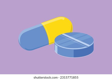 Character flat drawing set of pills and capsules isometric icon. painkillers, antibiotics, vitamins and aspirin. Medical pills medicine logo, label, sticker, symbol. Cartoon design vector illustration