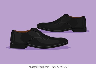 Caracter zapatos planos realistas con elegantes botas oxford para zapatillas de zapato para hombres negros para anuncios, promoción y banner de kit de accesorios para servicio de zapatos. Ilustración vectorial de diseño de dibujos animados