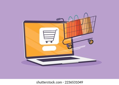 Charaktere flache Zeichnung Einkaufswagen aus Laptop. Verkauf, Handel, digitaler Lebensstil, Geschäftskonsum. E-Commerce, digitales Marketing. Online-Store-Technologie. Cartoon-Design, Vektorgrafik