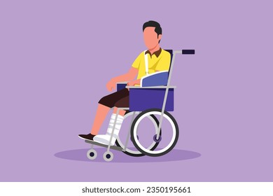 Character flat drawing sick man with injuries, gypsum sits in wheelchair. Injured male sitting in wheelchair with broken leg. Sad guy with fractured leg in hospital. Cartoon design vector illustration