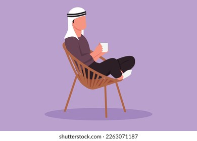 Character flat drawing side view relaxed handsome Arab guy sitting in lounge chair  enjoying free time and hot coffee  Tea time take break after office hour  Cartoon design vector illustration