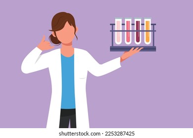 Character flat drawing smart female scientist holding measuring tube with call me gesture and examining chemical solution to make vaccine due to pandemic outbreak. Cartoon design vector illustration