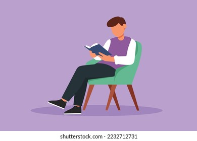 Character flat drawing smart guy reads book in chair. Side view of exiting process of learning by young male. Style of boy spending spare time by reading literature. Cartoon design vector illustration