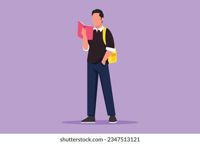Character flat drawing smart guy standing and reads book that holds in one hand at school. Young man love to read in library. Male students with open books in hands. Cartoon design vector illustration