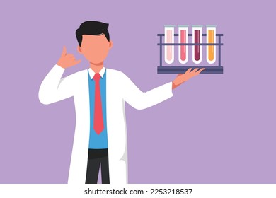 Dibujo plano de carácter de un científico masculino inteligente que sostiene un tubo de medición con el que me llama gesture y examina una solución química para fabricar una vacuna debido a un brote pandémico. Ilustración vectorial de diseño de dibujos animados
