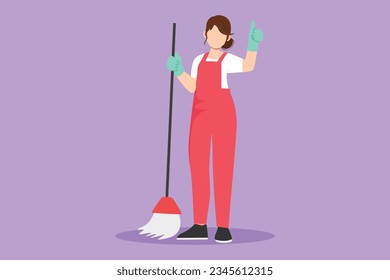 Character flat drawing smiling beautiful female cleaning company staff member holding broom and showing thumbs up gesture. Happy cleaning at home. Cleaning company. Cartoon design vector illustration