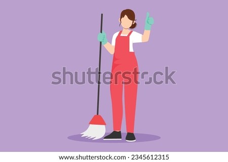 Character flat drawing smiling beautiful female cleaning company staff member holding broom and showing thumbs up gesture. Happy cleaning at home. Cleaning company. Cartoon design vector illustration