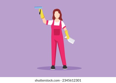 Character flat drawing of smiling cleaning staff member is wiping the window with brush and spray. Concept of woman cleaning windows from dust in different premises. Cartoon design vector illustration