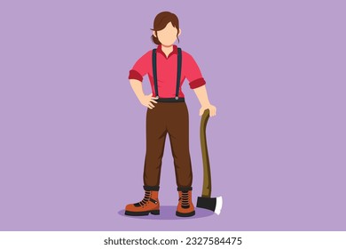 Character flat drawing strong beautiful woman lumberjack with axe standing wearing suspender shirt, jeans and boots. Pretty female woodcutter pose on logging forest. Cartoon design vector illustration