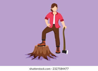 Character flat drawing strong beautiful woman lumberjack wearing plaid shirt, jeans, boots. Standing with ax and posing with one foot on a tree stump logo, symbol. Cartoon design vector illustration