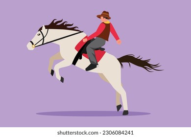 Character flat drawing strong and brave cowboy riding bucking bronco at sunset. Rodeo cowboy at horse ranch. Wild horse race. Cute cowboy taming wild horse at rodeo. Cartoon design vector illustration