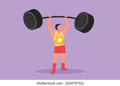 Character Flat Drawing Of Strongman Raised The Curved Barbell With His Two Hands. His Muscles Were Clearly Visible To Circus Audience. Circus Show Event Performance. Cartoon Design Vector Illustration