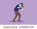 Character flat drawing of stylize professional male photographer with camera taking photo with look down pose. Young man photographer character with camera digital. Cartoon design vector illustration