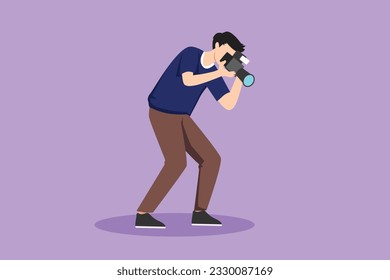 Character flat drawing of stylize professional male photographer with camera taking photo with look down pose. Young man photographer character with camera digital. Cartoon design vector illustration